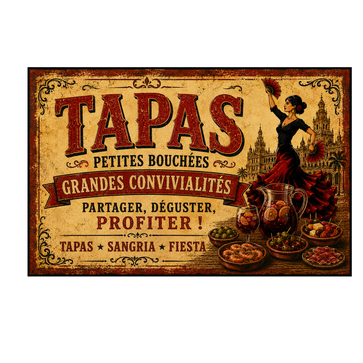 Plaque m�tal Tapas petites bouch�es convivialit� 30 x 20 cm