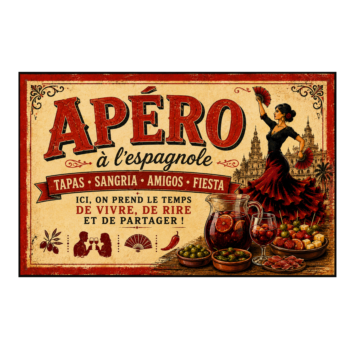 Plaque m�tal Ap�ro � l�espagnole tapas sangria 30 x 20 cm