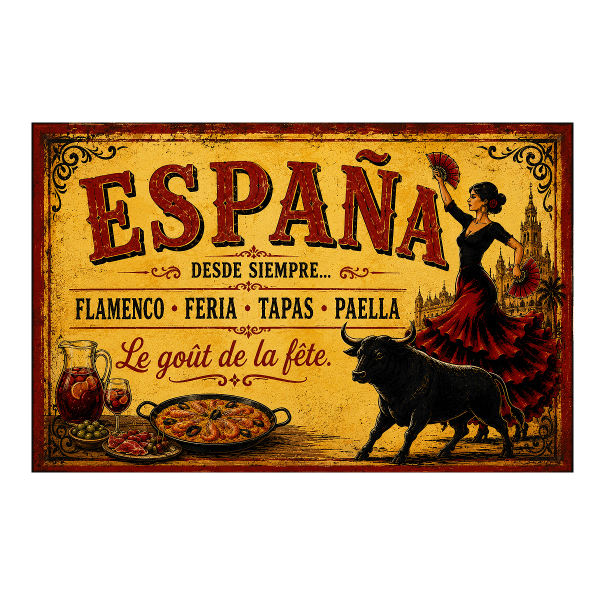 Plaque m�tal Espa�a flamenco feria tapas paella 30 x 20 cm