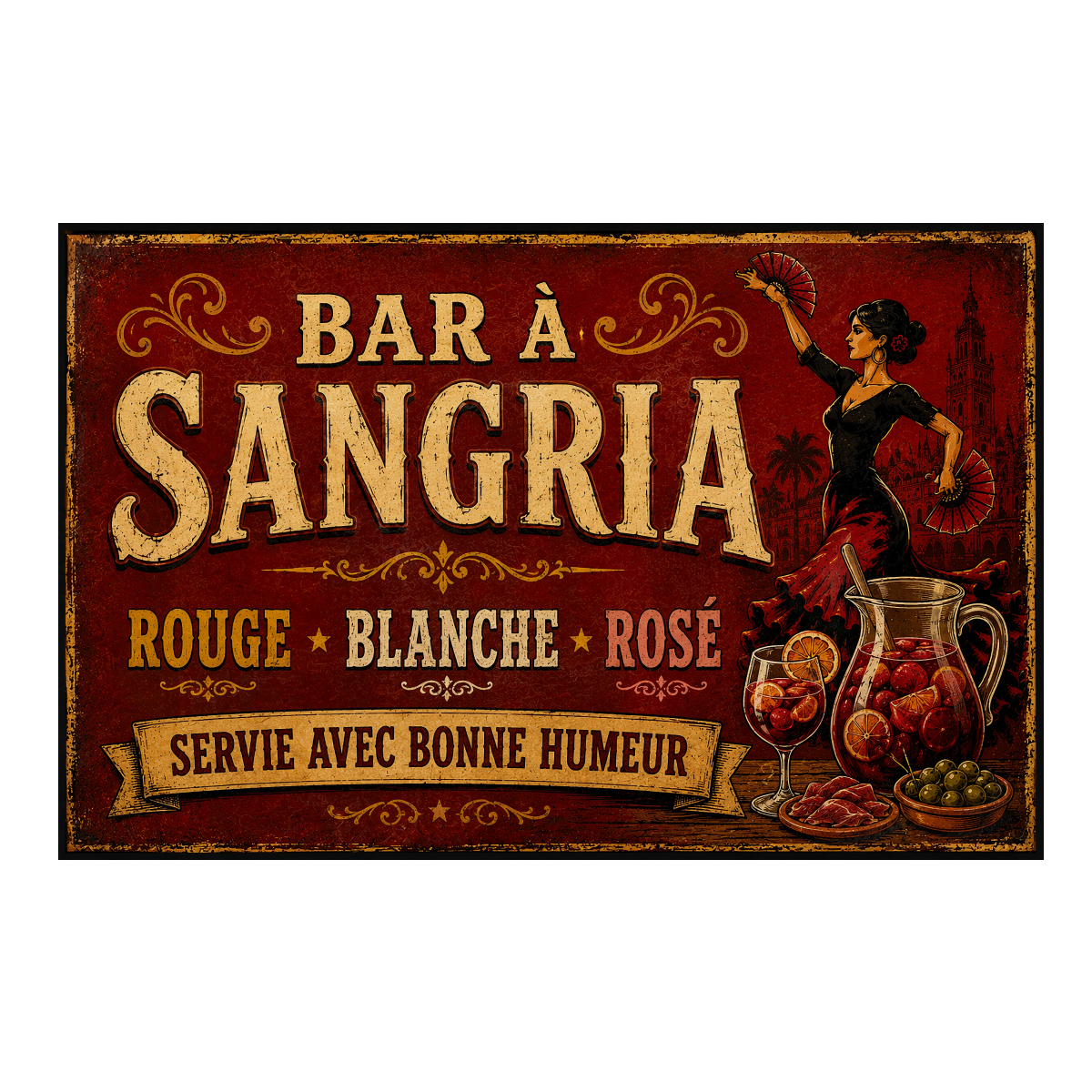 Plaque m�tal Bar � Sangria Espagne vintage 30 x 20 cm
