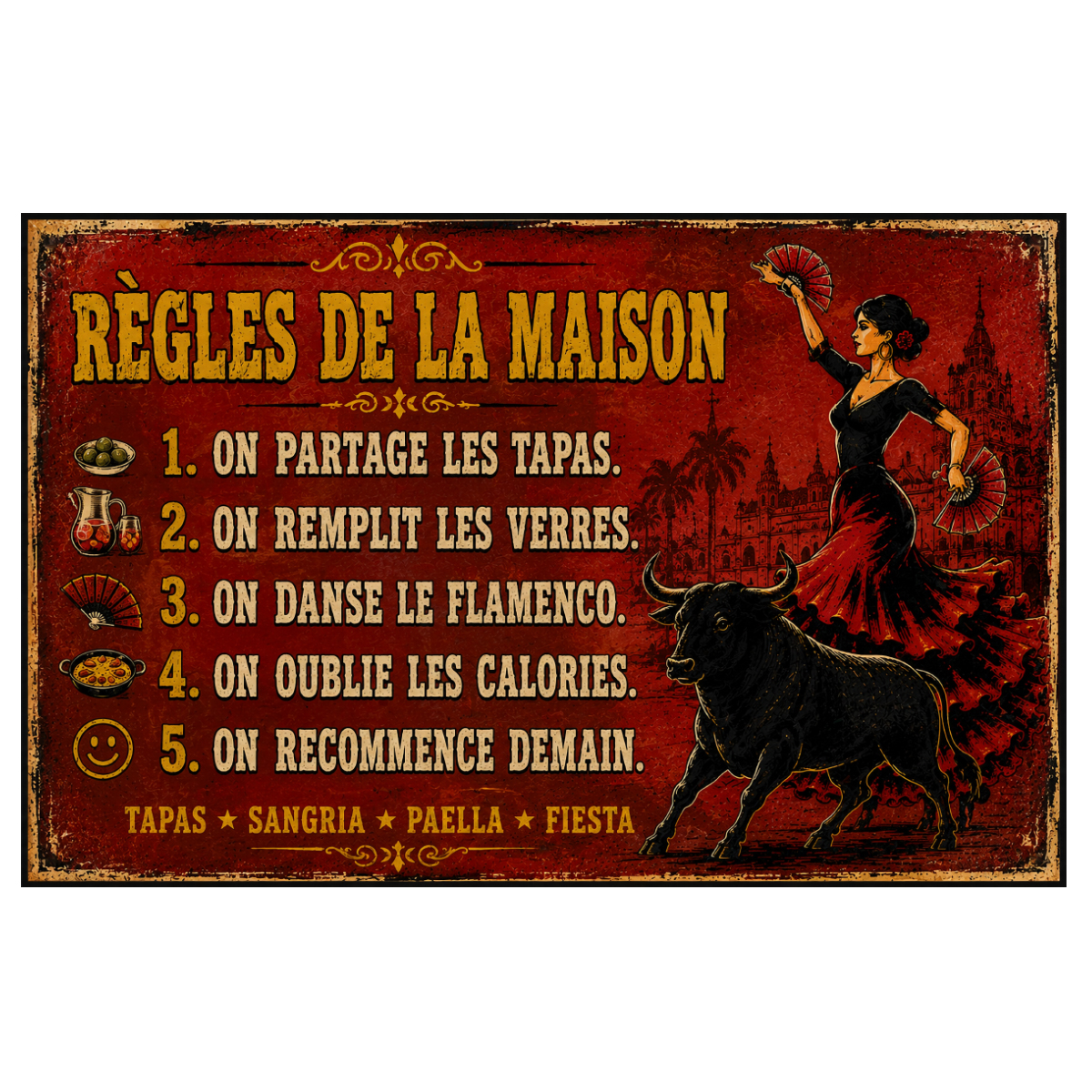 Plaque m�tal R�gles de la maison tapas sangria 30 x 20 cm