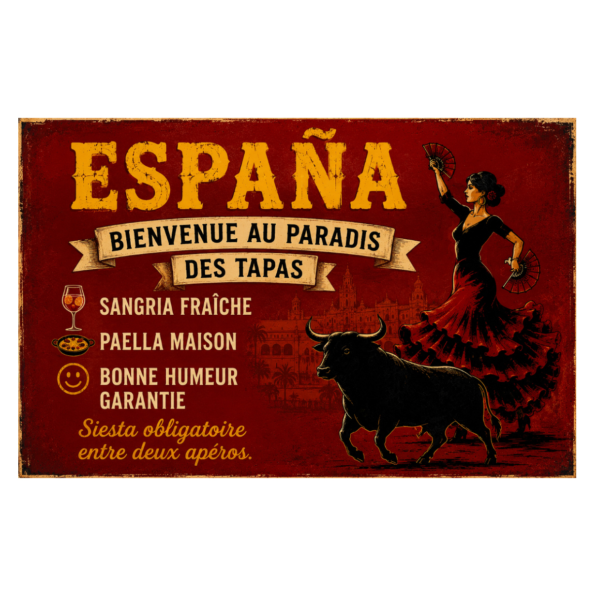 Plaque m�tal Espagne tapas flamenco d�co vintage 30 � 20 cm