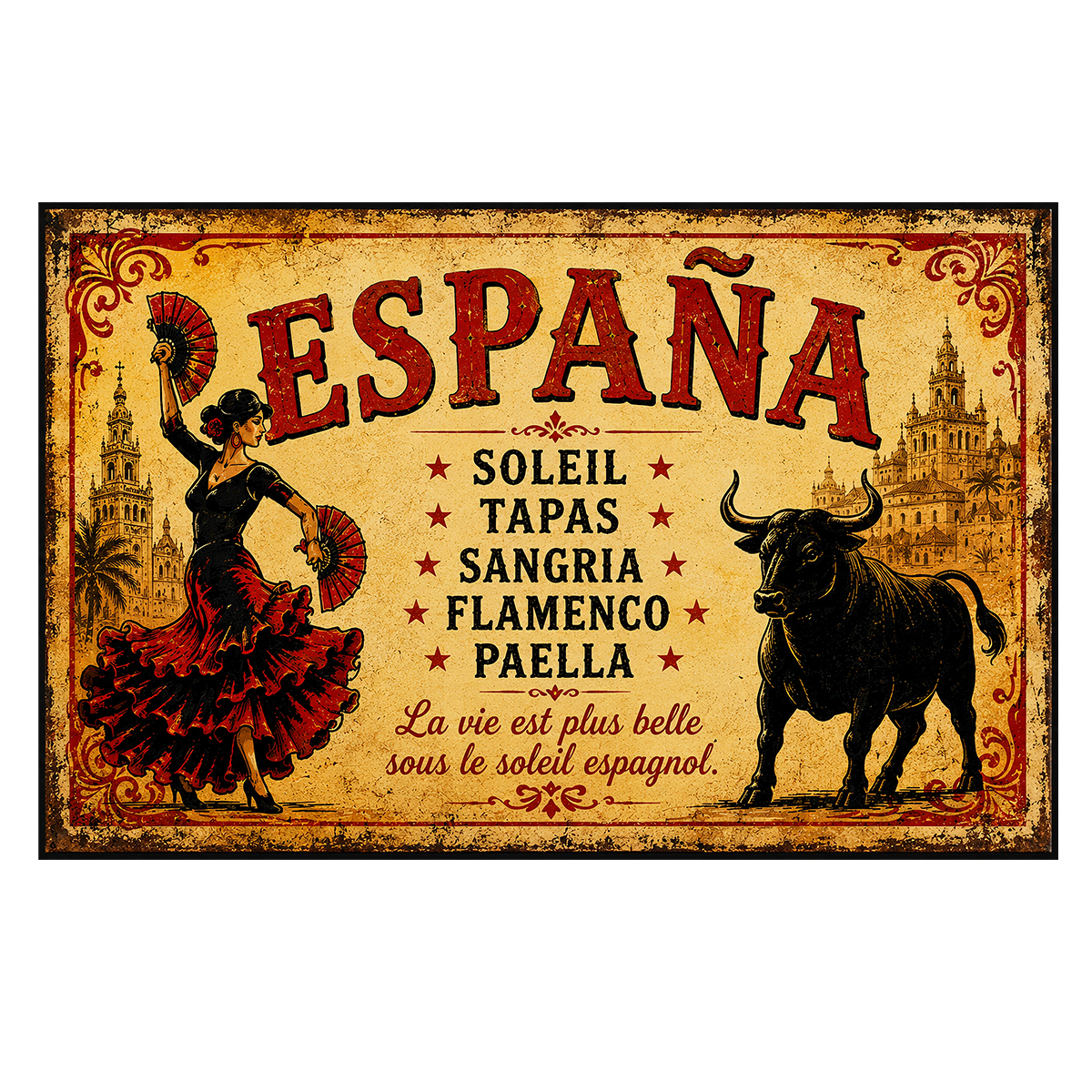 Plaque m�tal Espa�a Soleil Tapas Sangria Flamenco 30 x 20 cm