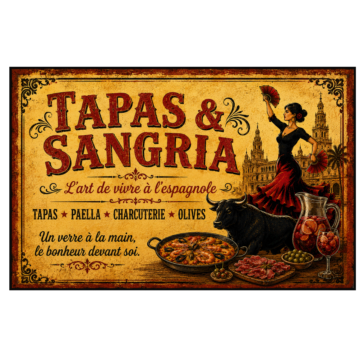 Plaque m�tal Tapas & Sangria Espagne vintage 30 x 20 cm