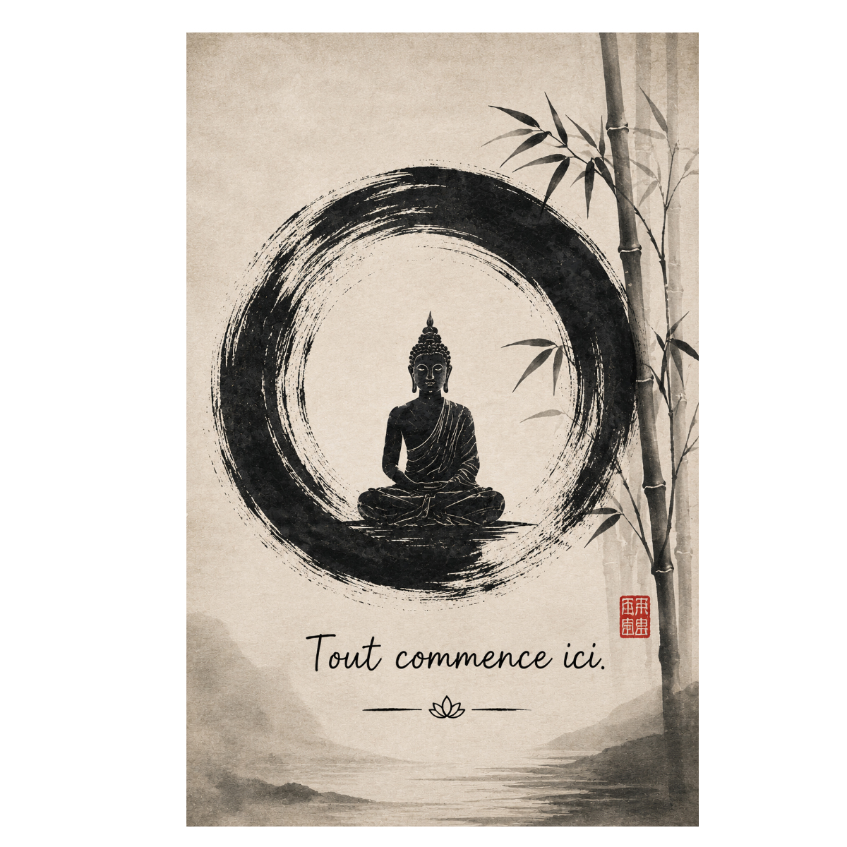 Plaque m�tal Bouddha zen Tout commence ici 30 x 20 cm