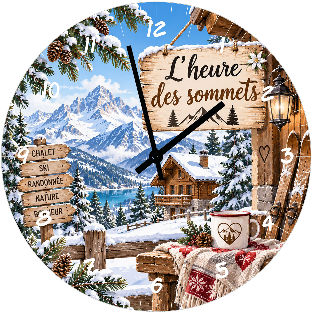 Horloge murale montagne chalet et ski en verre 29 cm