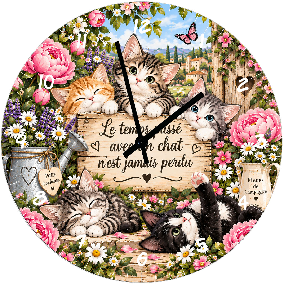 Horloge chat en verre 29 cm � Le temps pass� avec un chat