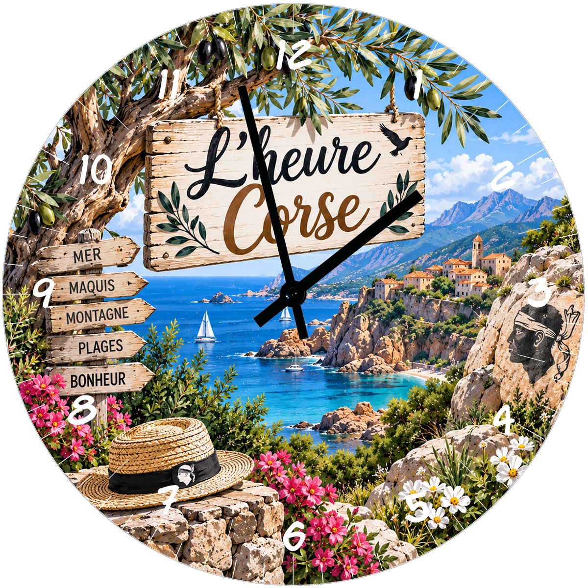 Horloge murale Corse mer et maquis en verre 29 cm