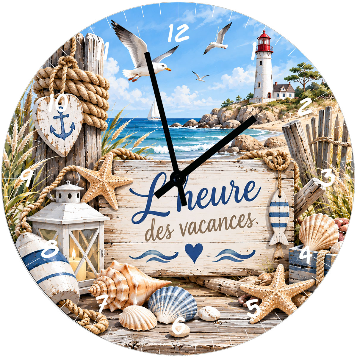 Horloge bord de mer en verre 29 cm � L'heure des vacances