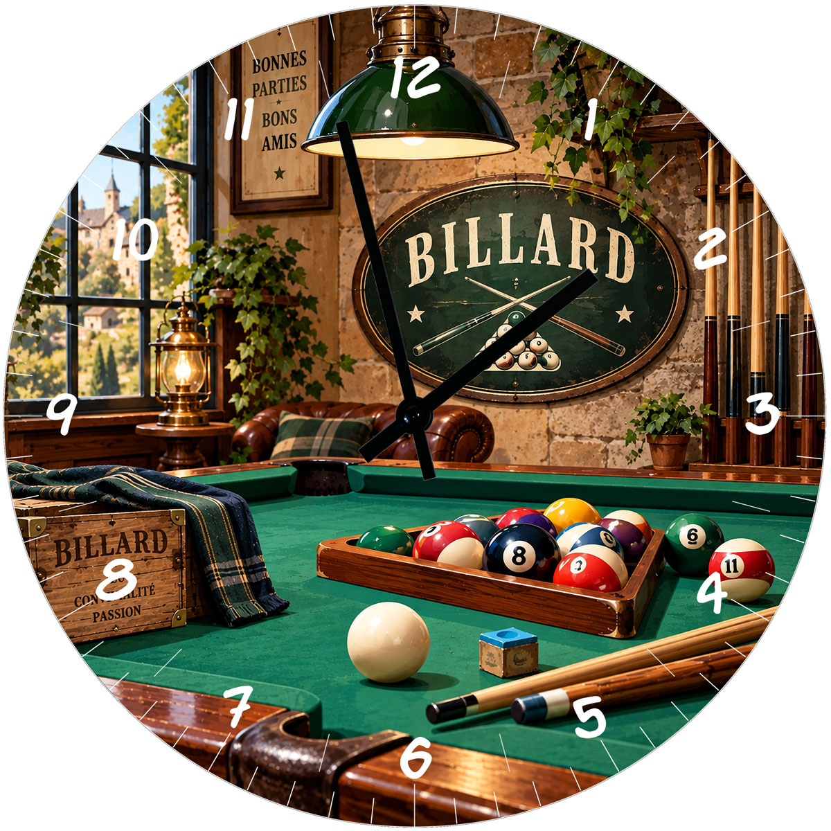 Horloge billard en verre 29 cm � passion et convivialit�