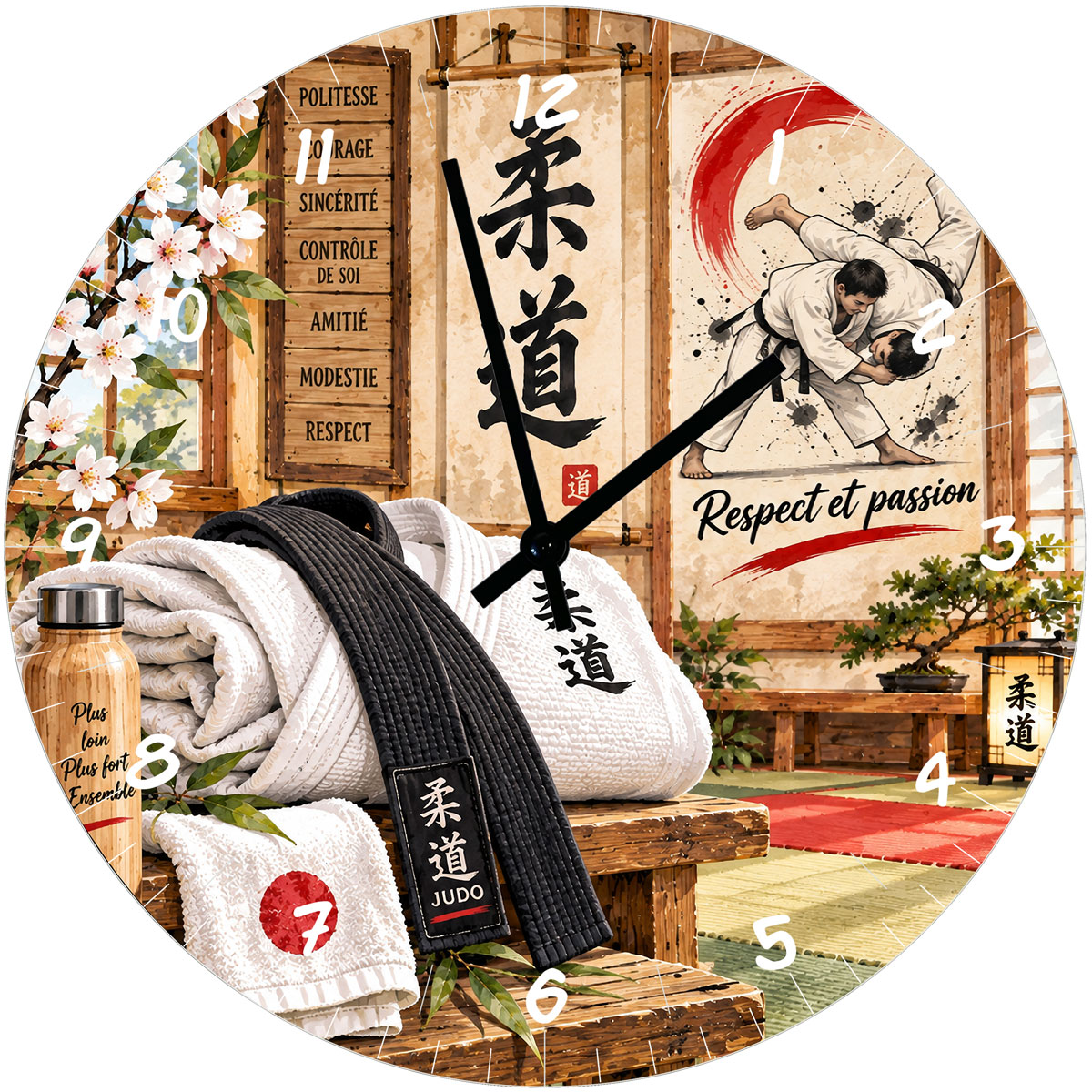 Horloge judo en verre 29 cm � Respect et passion