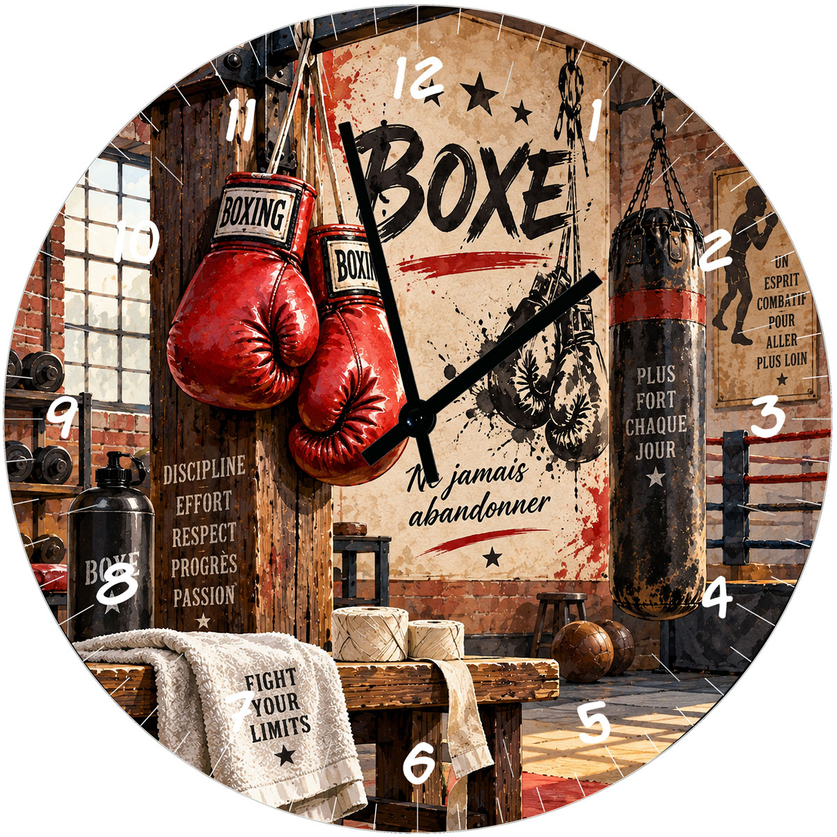 Horloge boxe en verre 29 cm � Ne jamais abandonner