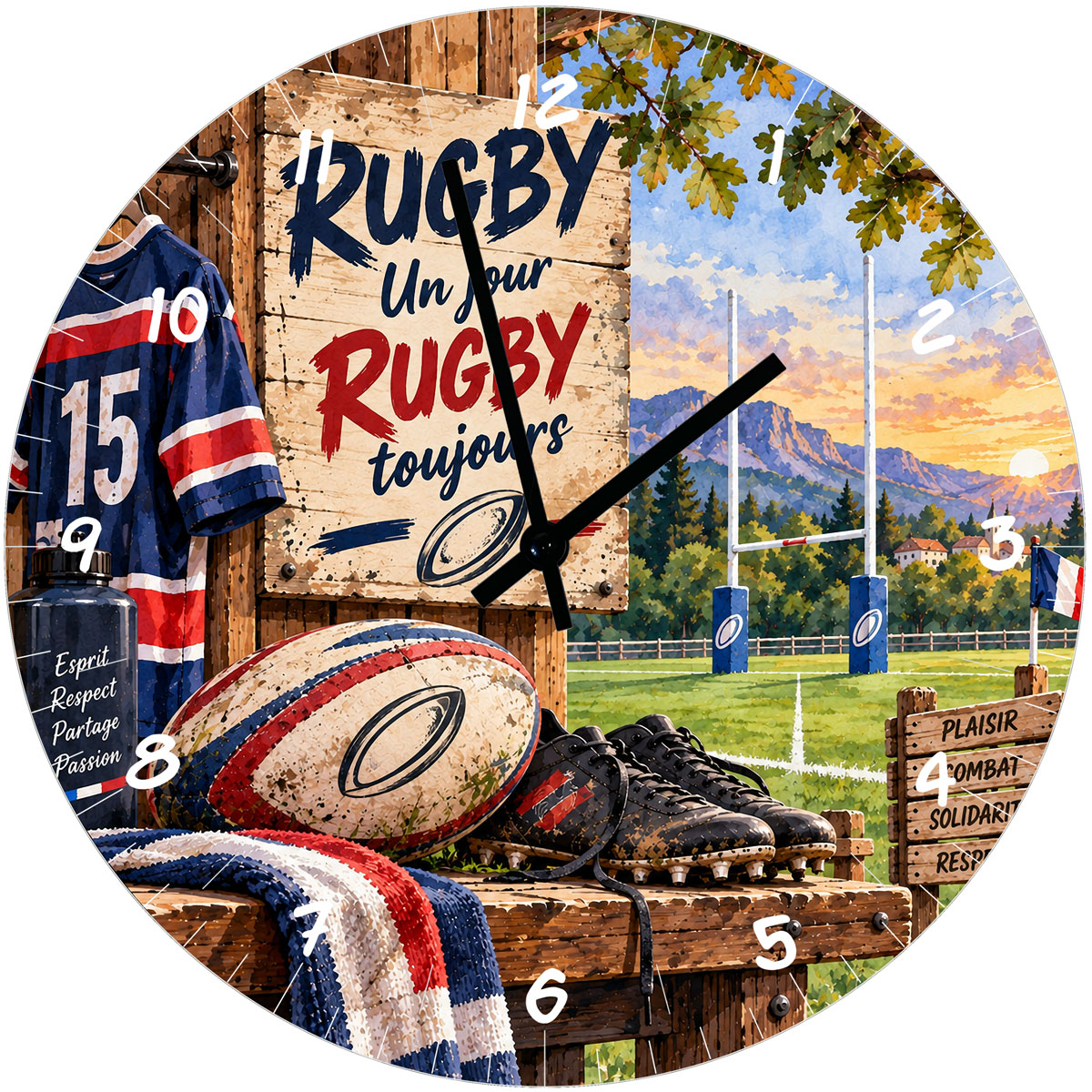 Horloge rugby en verre 29 cm � Un jour rugby toujours
