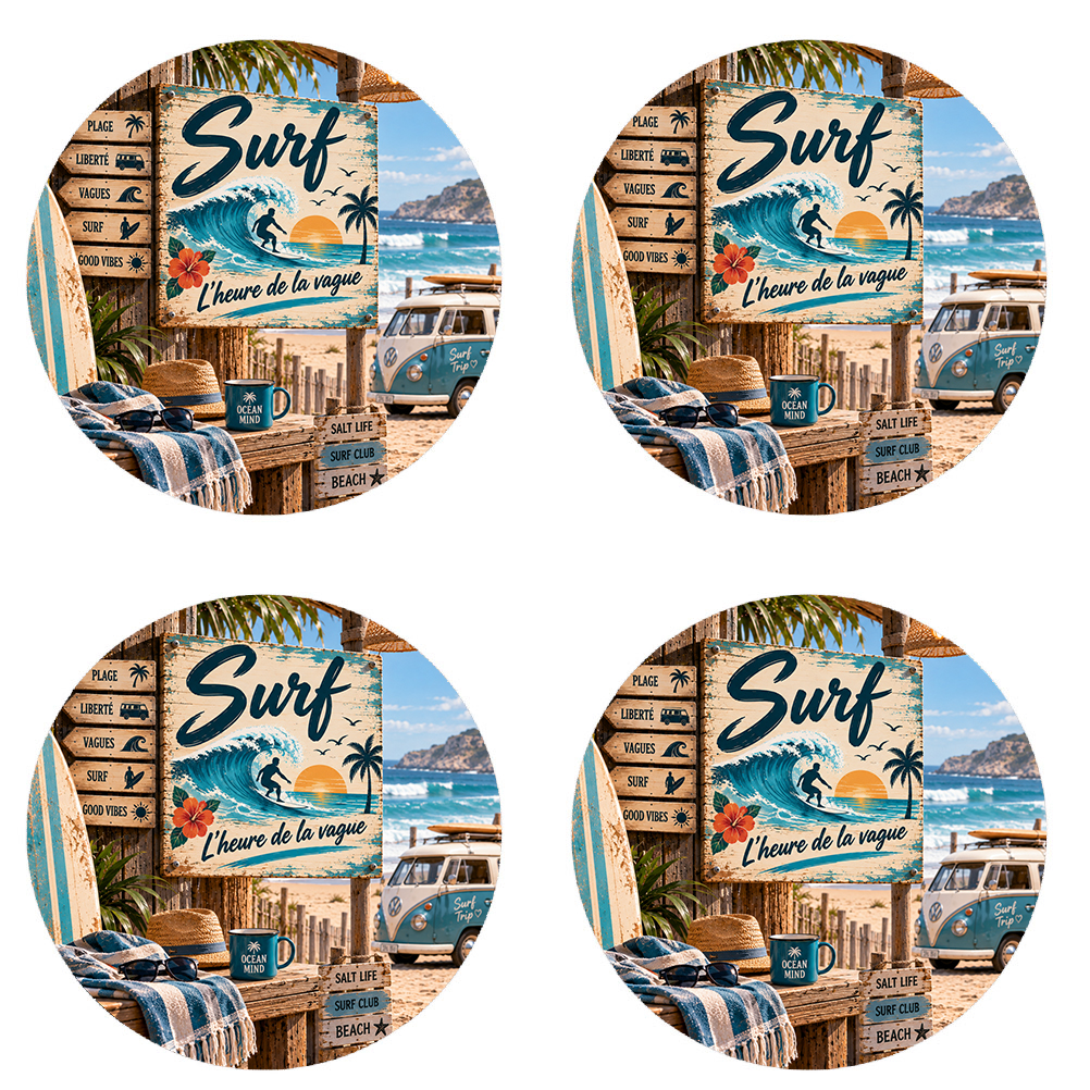 Lot de 4 dessous de verre surf vintage 9,5 cm