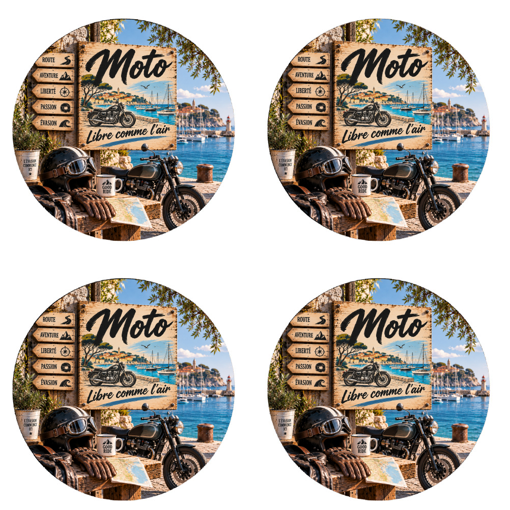 Lot de 4 dessous de verre moto libre comme l�air 9,5 cm