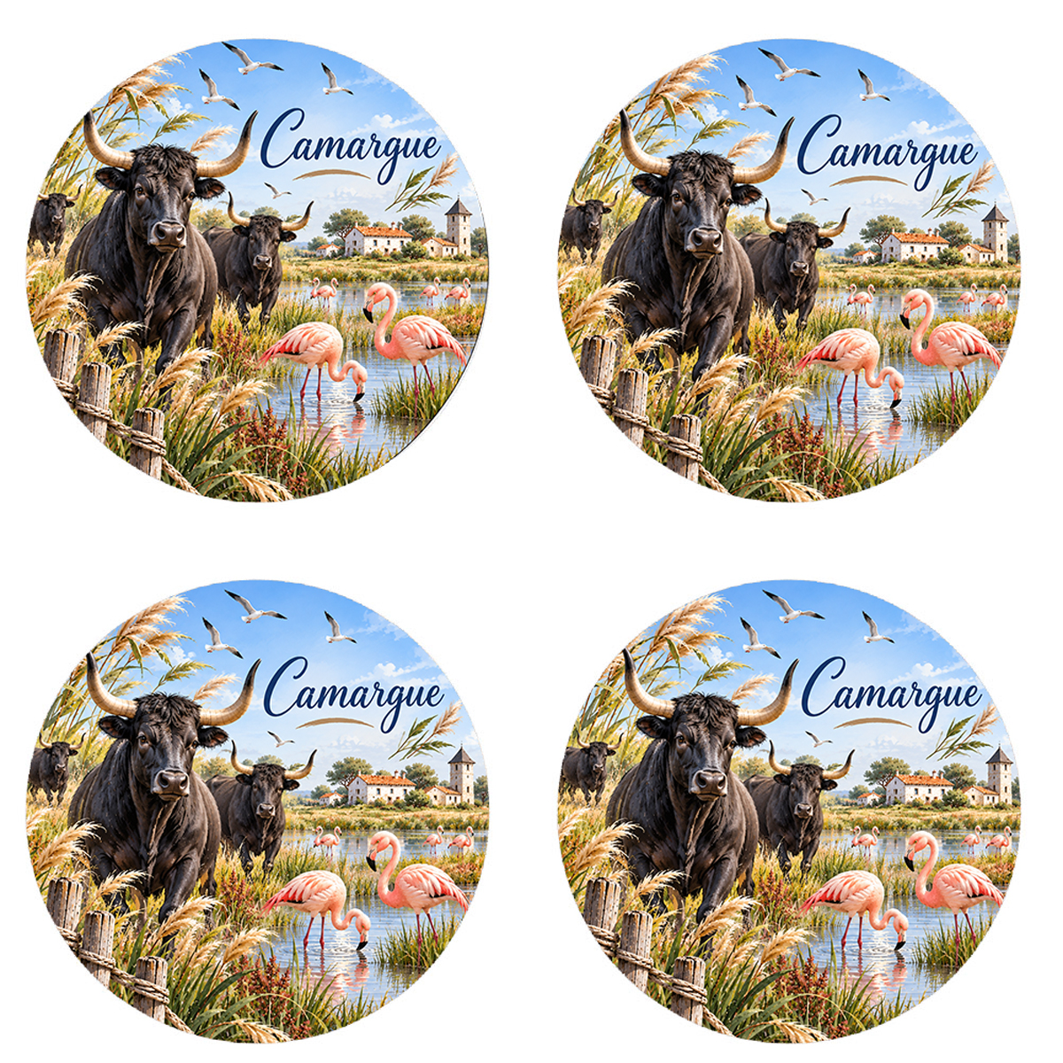 Lot de 4 dessous de verre Camargue taureaux 9,5 cm