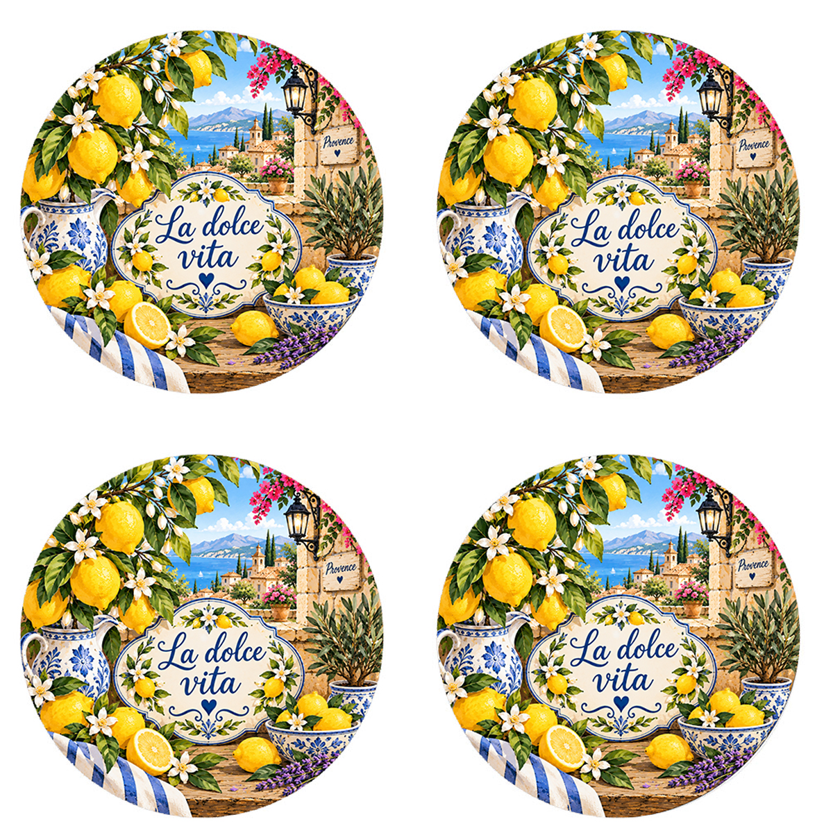 Lot de 4 dessous de verre citrons Provence 9,5 cm