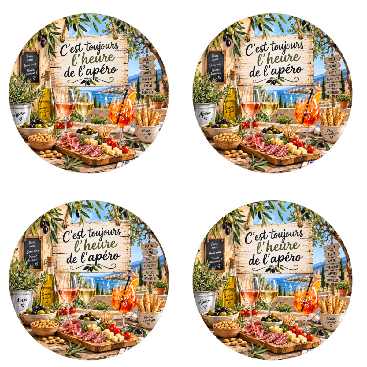 Lot de 4 dessous de verre ap�ro m�diterran�en 9,5 cm