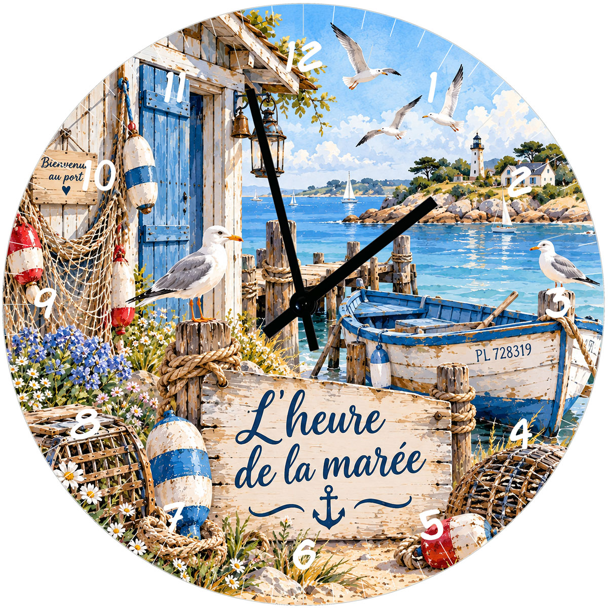 Horloge murale bord de mer port et phare en verre 29 cm