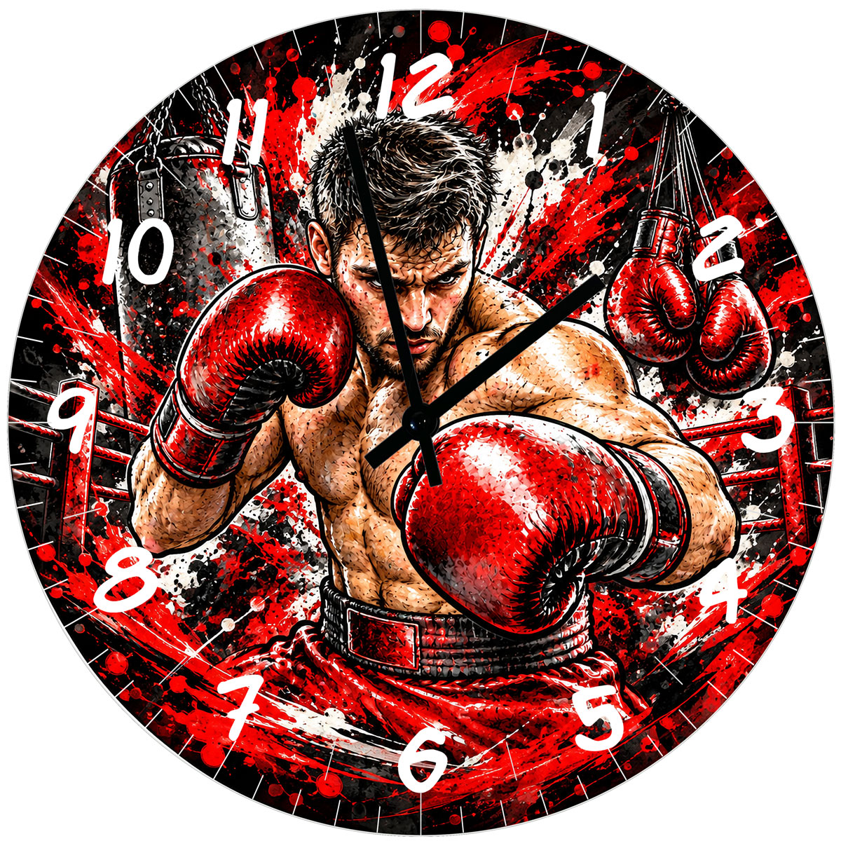 Horloge murale en verre boxe 29 cm � boxeur et gants rouges