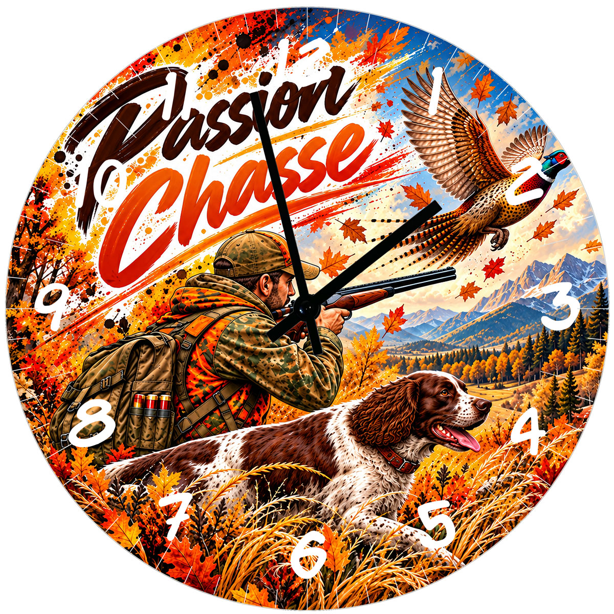 Horloge murale en verre passion chasse 29 cm � faisan et chien