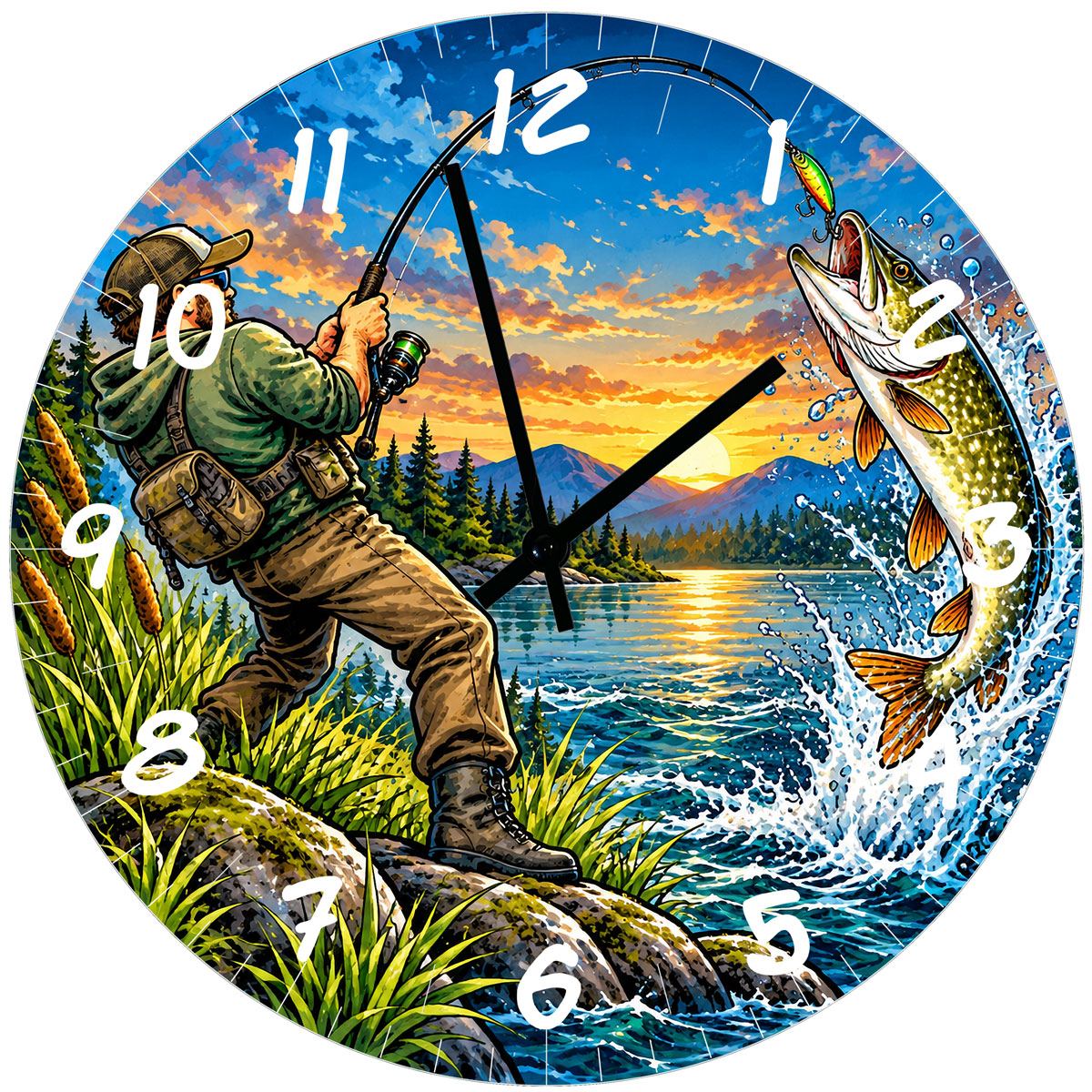 Horloge murale en verre p�che au brochet 29 cm � p�cheur