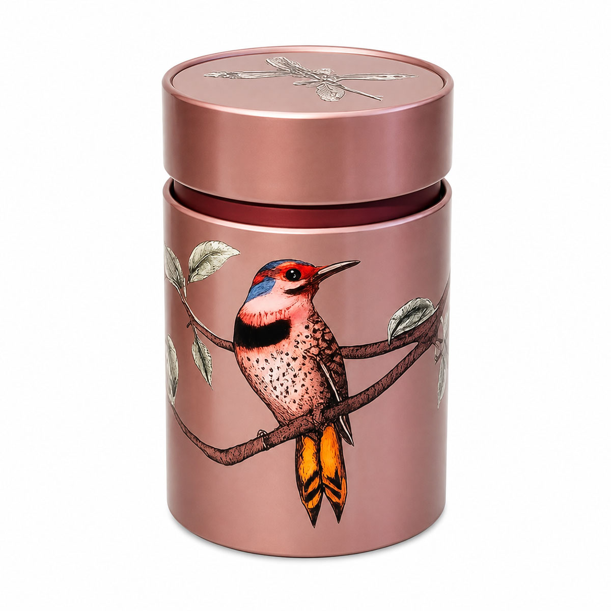 Bo�te � th� oiseaux rose en m�tal 150 g double couvercle