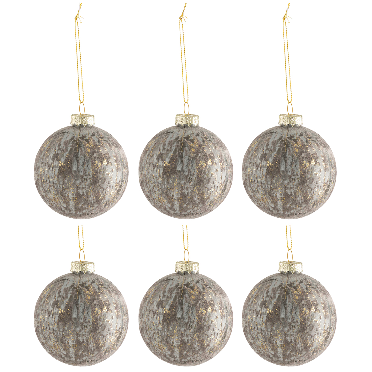 6 Boules de Nol - velours gris et or - 8 cm