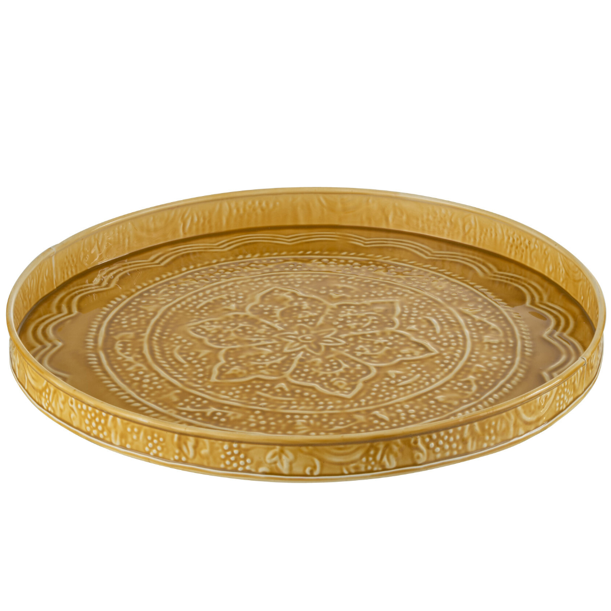 Plateau rond en m�tal emboss� jaune ocre