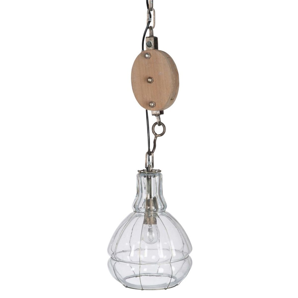 Lustre Industriel en Verre et Mtal avec Poulie en bois