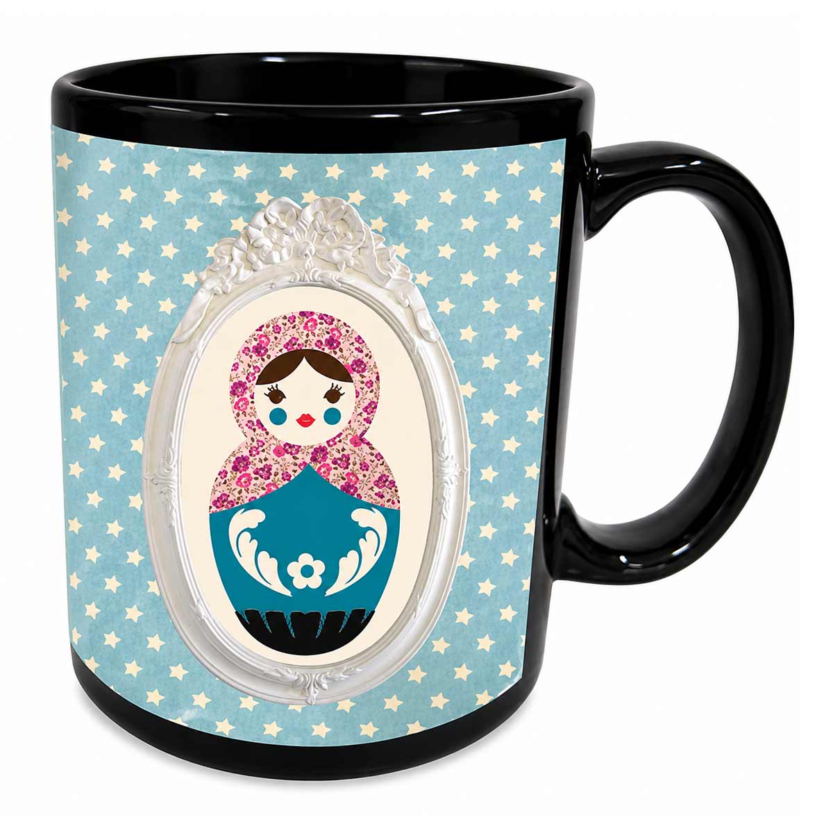Mug noir Poup�e russe �toil�e par Cbkreation