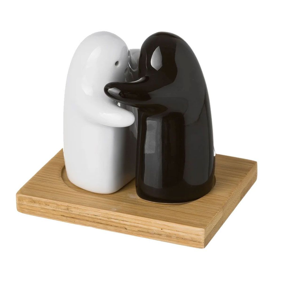 Salière et poivrière Blanche et noire Socle de bois Salière et poivrière Blanche et noire Socle de bois