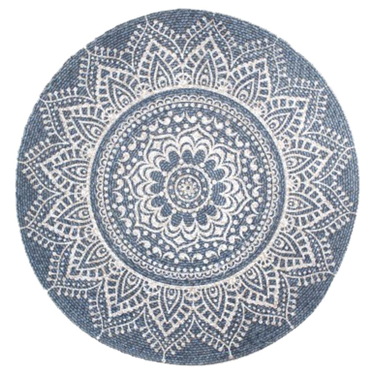 Tapis rond Mandala Ethnique en Jute et Coton 90 cm - Gris Bleu