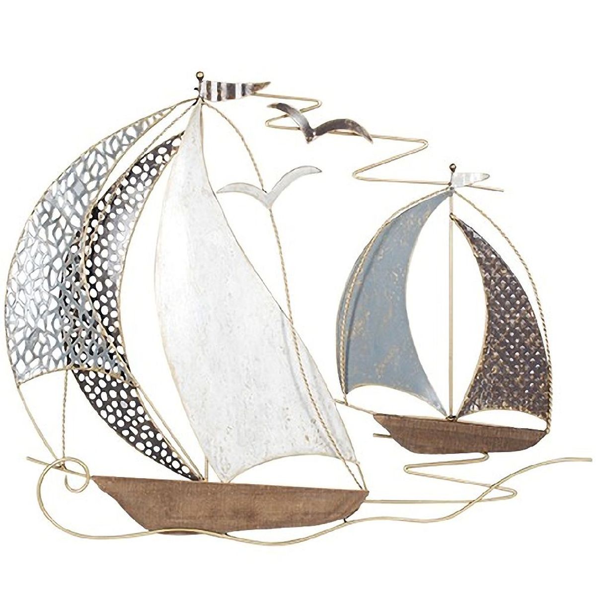 Décoration Murale Métal Voiliers 50x50 Cm - Thème Maritime Bleu Et Doré - Pour Salon, Chambre, Bureau - Style Mer Océan
