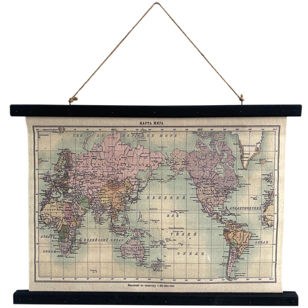 Carte du Monde en toile vintage  suspendre - 60 cm