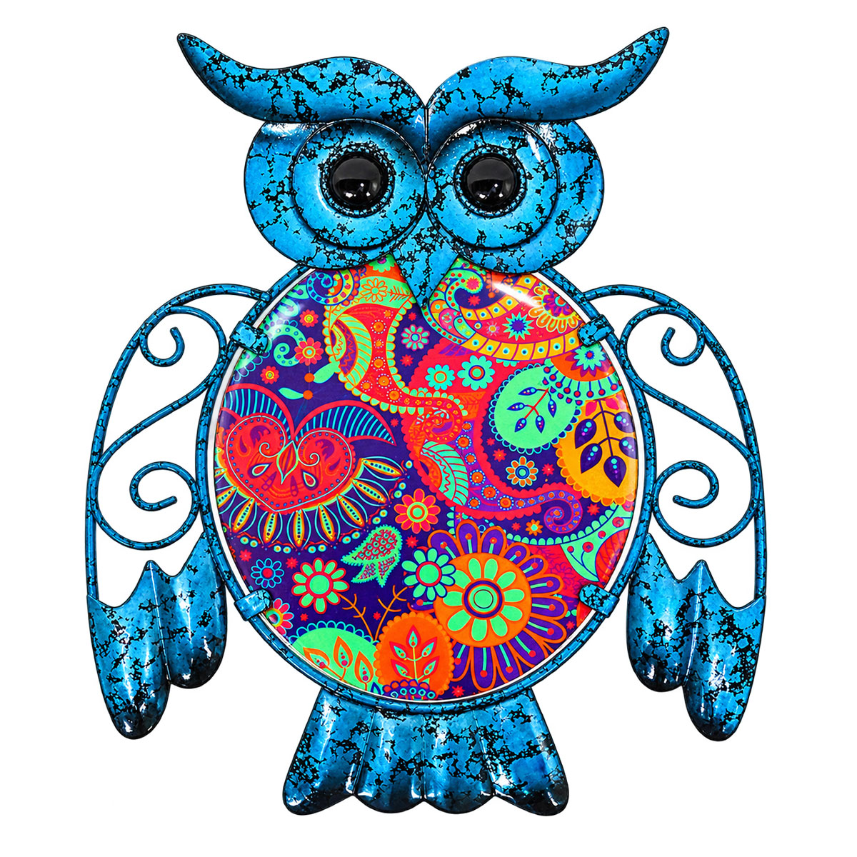 D�coration murale hibou bleu en m�tal et verre multicolore 25 cm