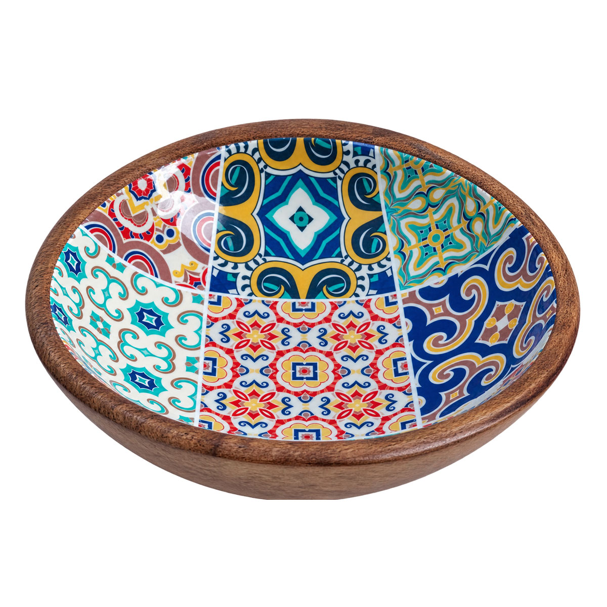 Bol en bois de manguier d�cor mosa�que m�diterran�enne 19,5 cm