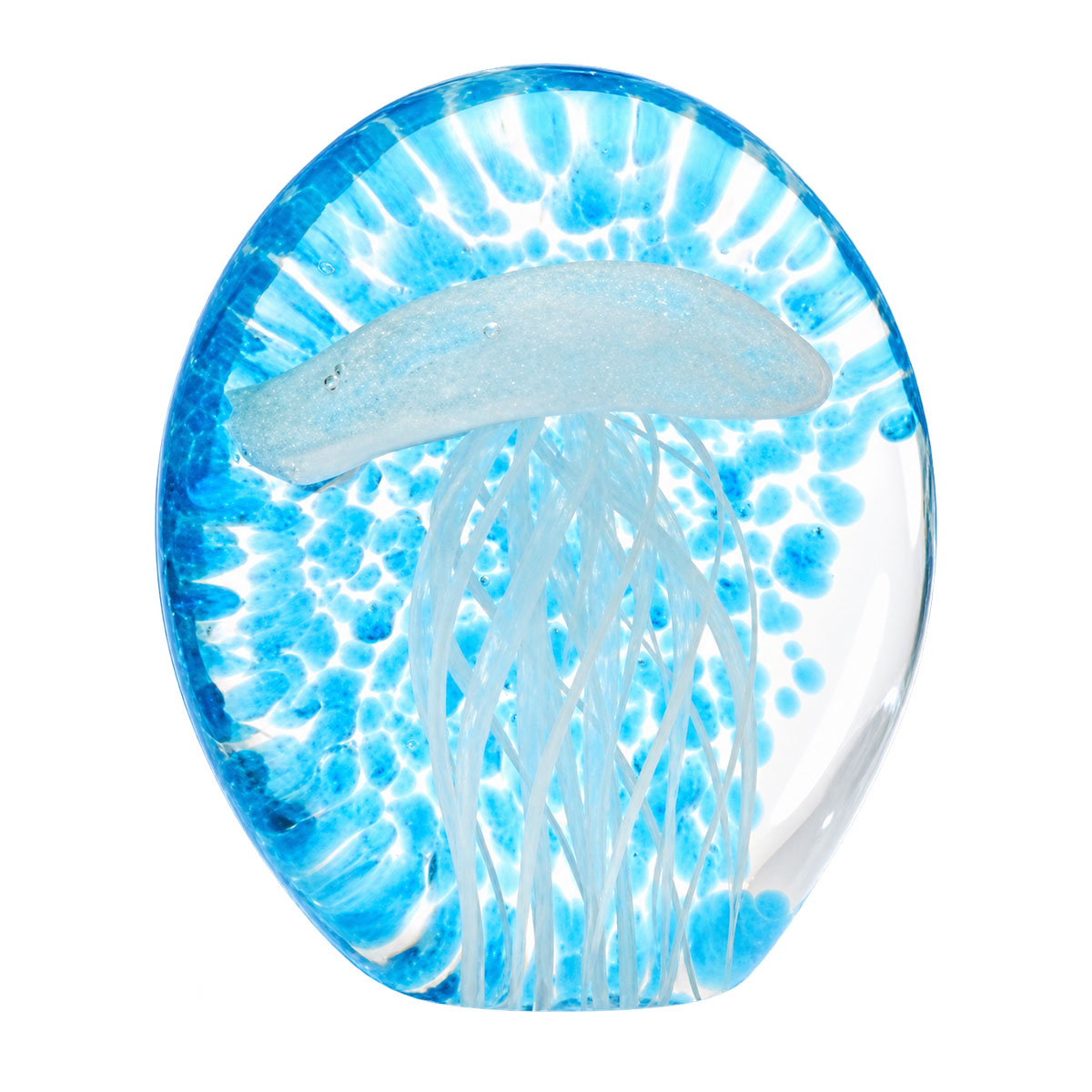 Presse-papier sulfure en verre m�duse blanche et bleue 8,5 cm