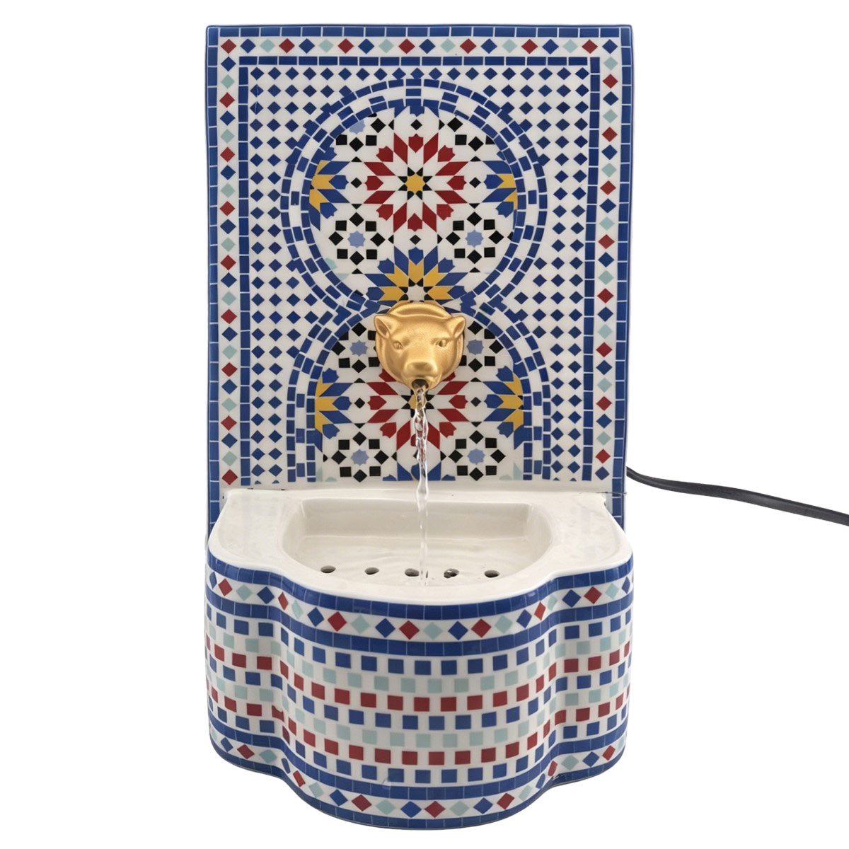Petite fontaine d'int�rieur en gr�s mosa�que et lion 30 cm