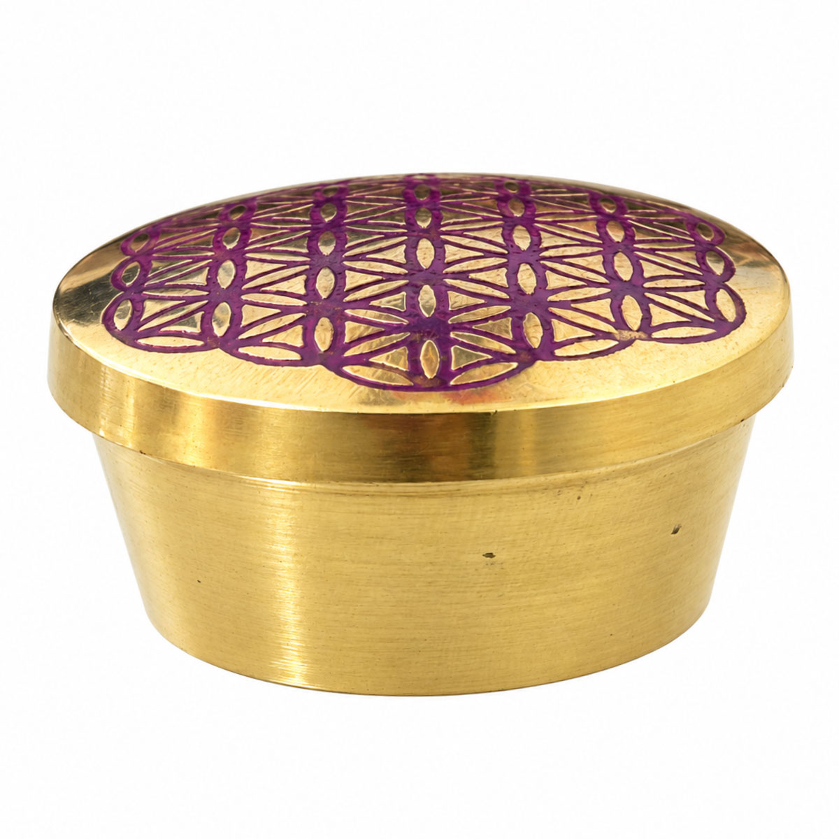Petite bo�te ronde en laiton dor� fleur de vie violette 5 cm