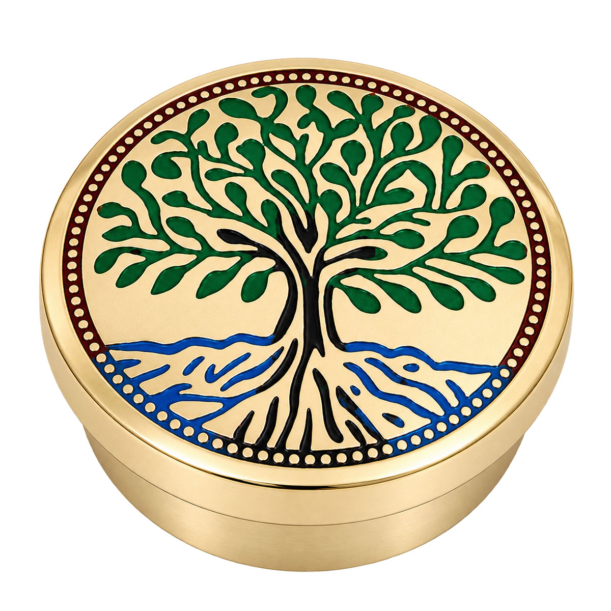 Petite bo�te ronde en laiton dor� arbre de vie color� 5 cm