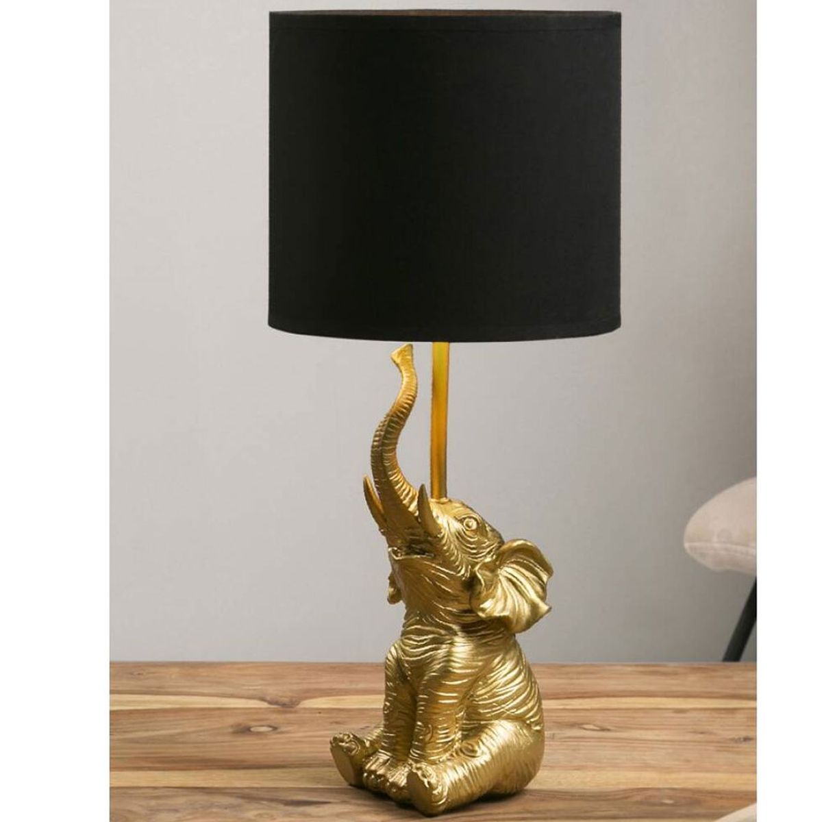 Lampe U00e0 Poser U00c9lu00e9phant 1, Polyru00e9sine, Mu00e9tal, Papier, Tissu, Or, Noir