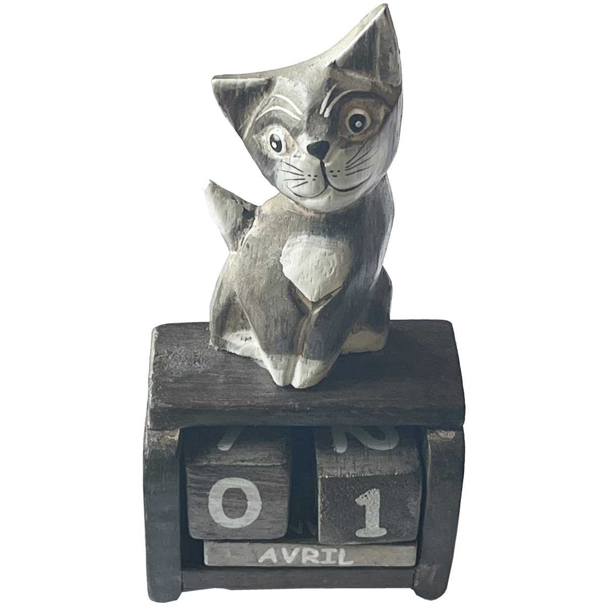 Calendrier perptuel artisanal chat gris en bois 15 cm