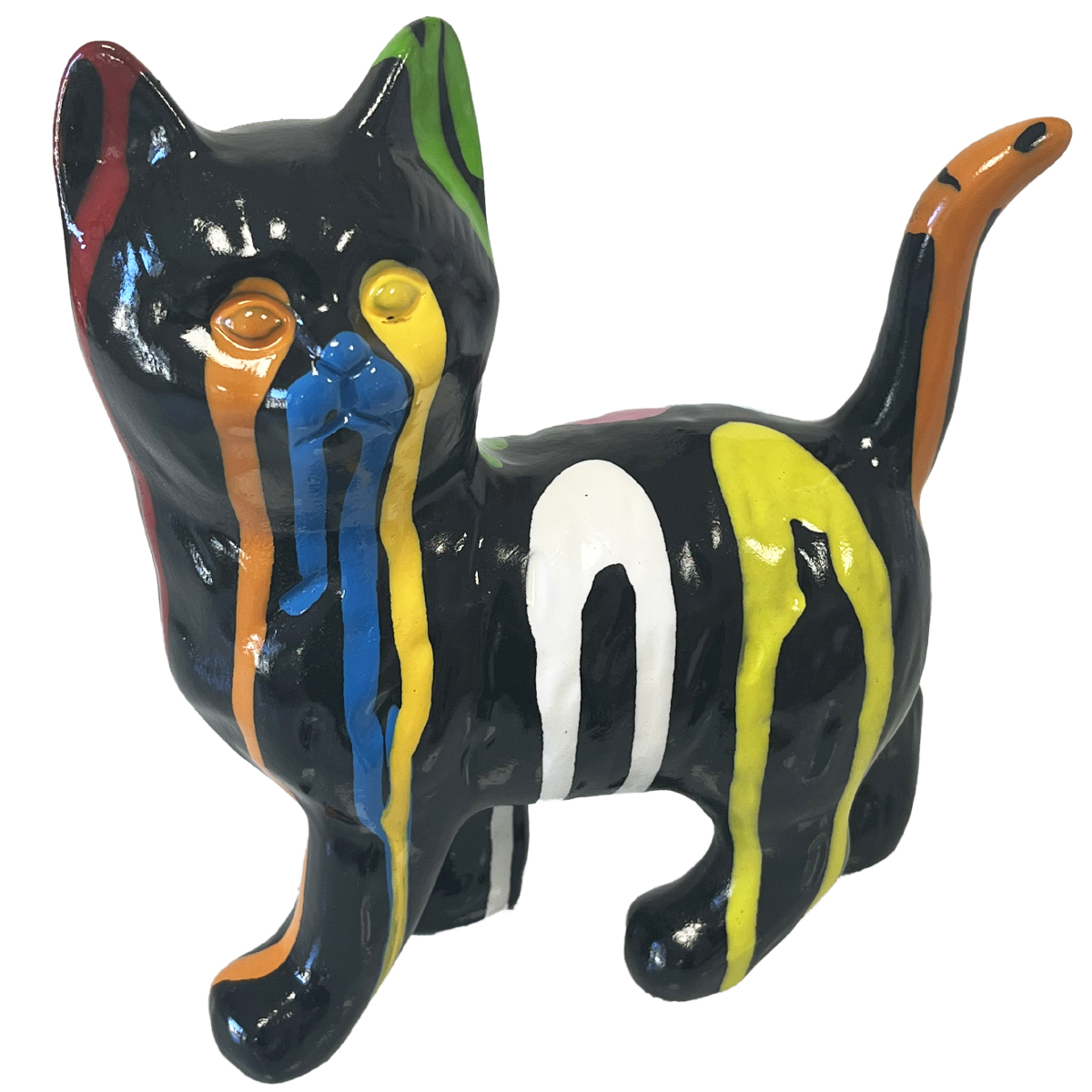 Statuette chat noir en cramique finition multicolore
