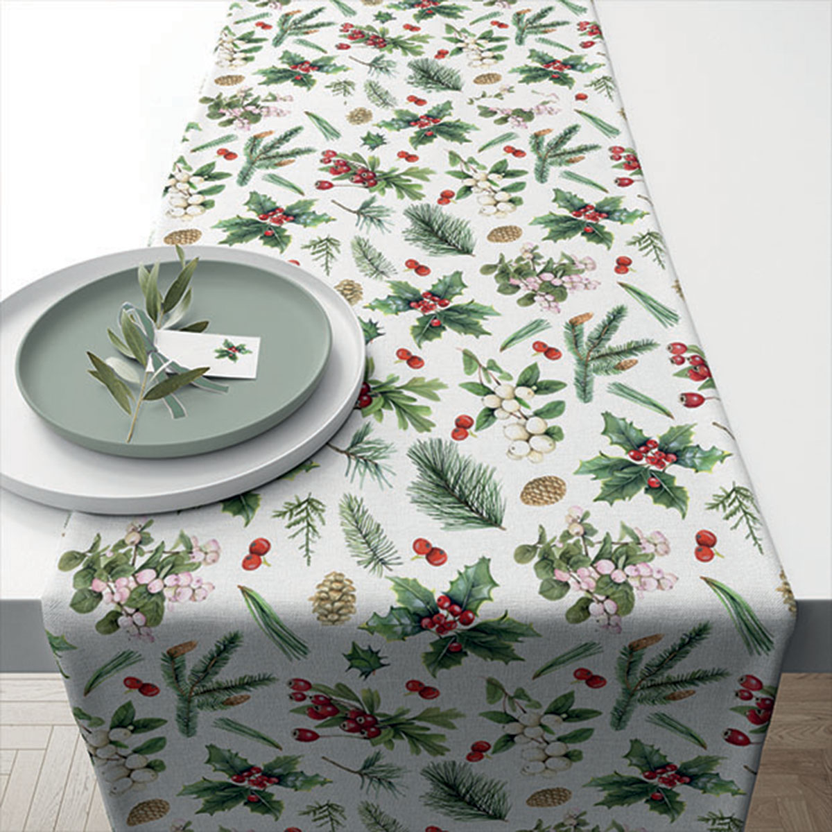 Chemin de table Verdure d'hiver en coton - 40 x 150 cm