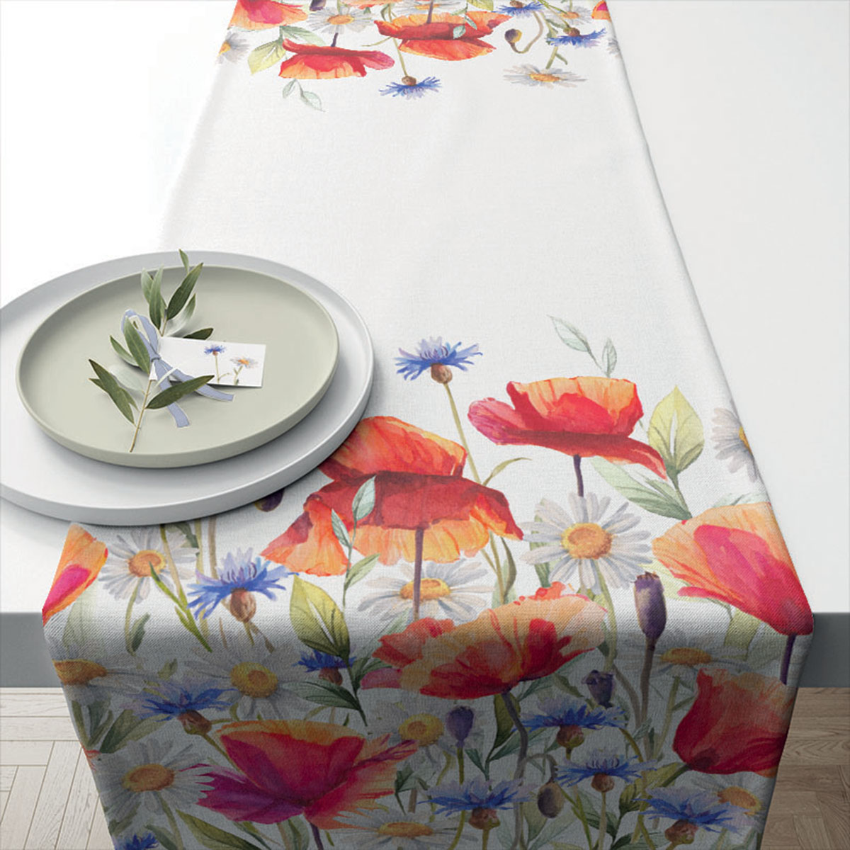 Chemin de table Coquelicots et bleuets en coton - 40 x 150 cm