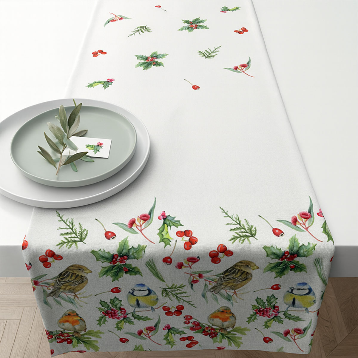 Chemin de table en coton oiseaux et baies 40 x 150 cm
