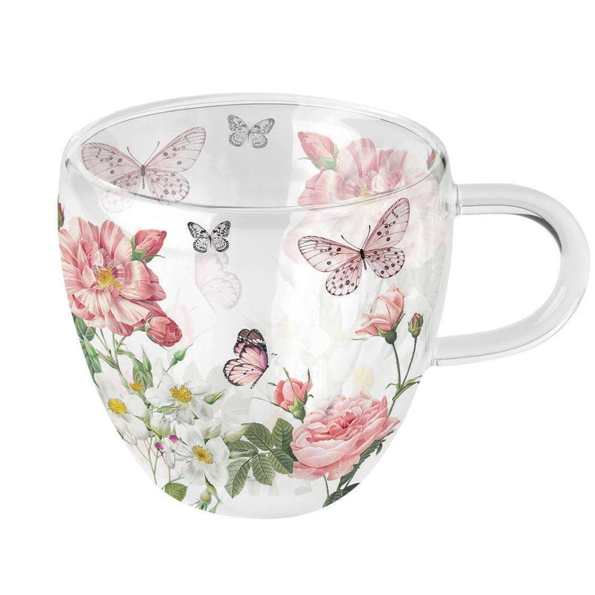 Tasse � th� double paroi Papillons et Fleurs Roses