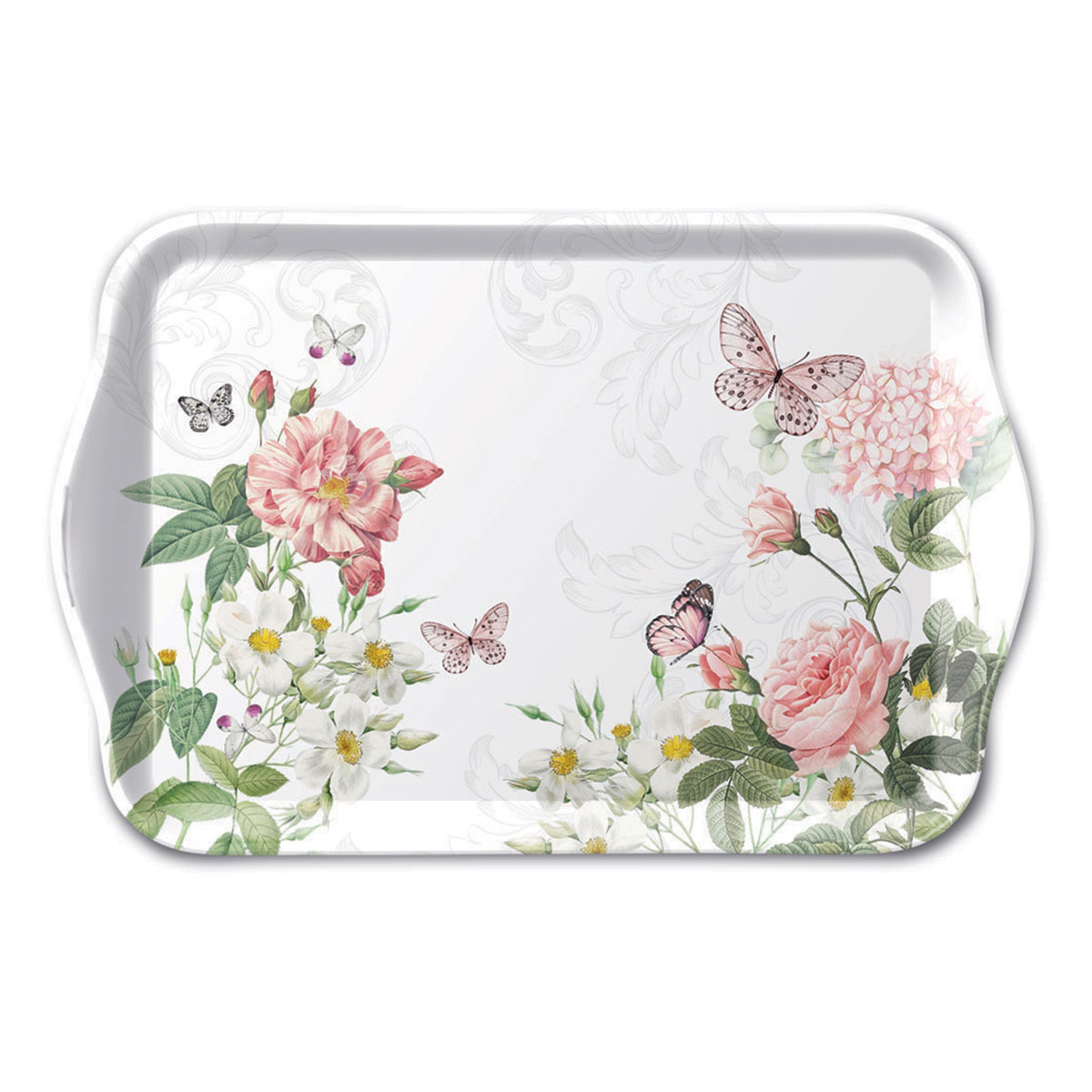 Mini plateau rectangulaire en m�lamine � fleurs et papillons