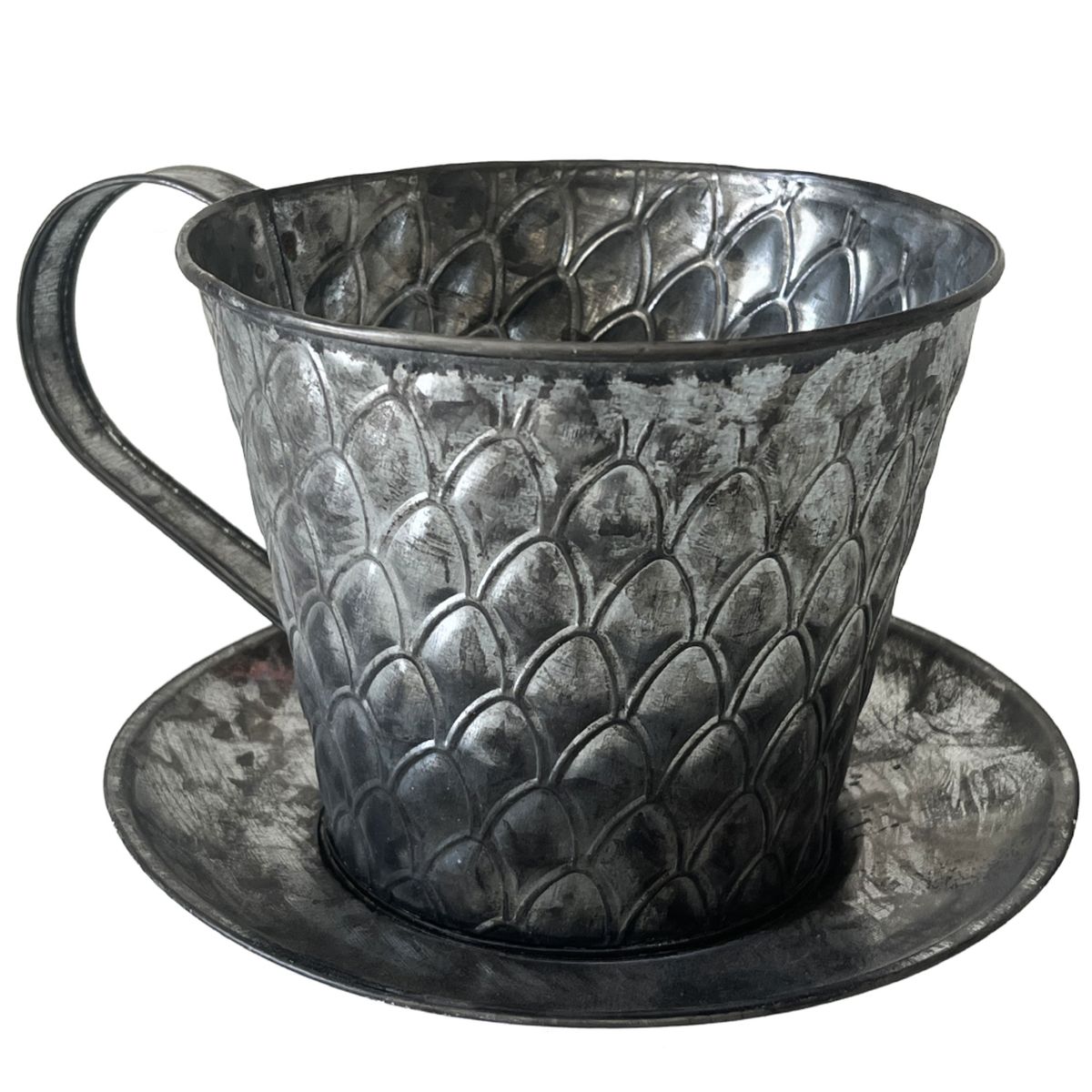 Cache Pot Tasse  caf en Zinc vieilli 14 x 20 cm